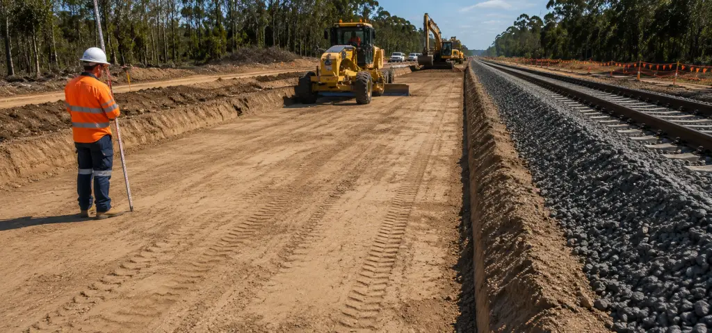 Railway formation prepared for geofabric installation before ballast placement and track construction