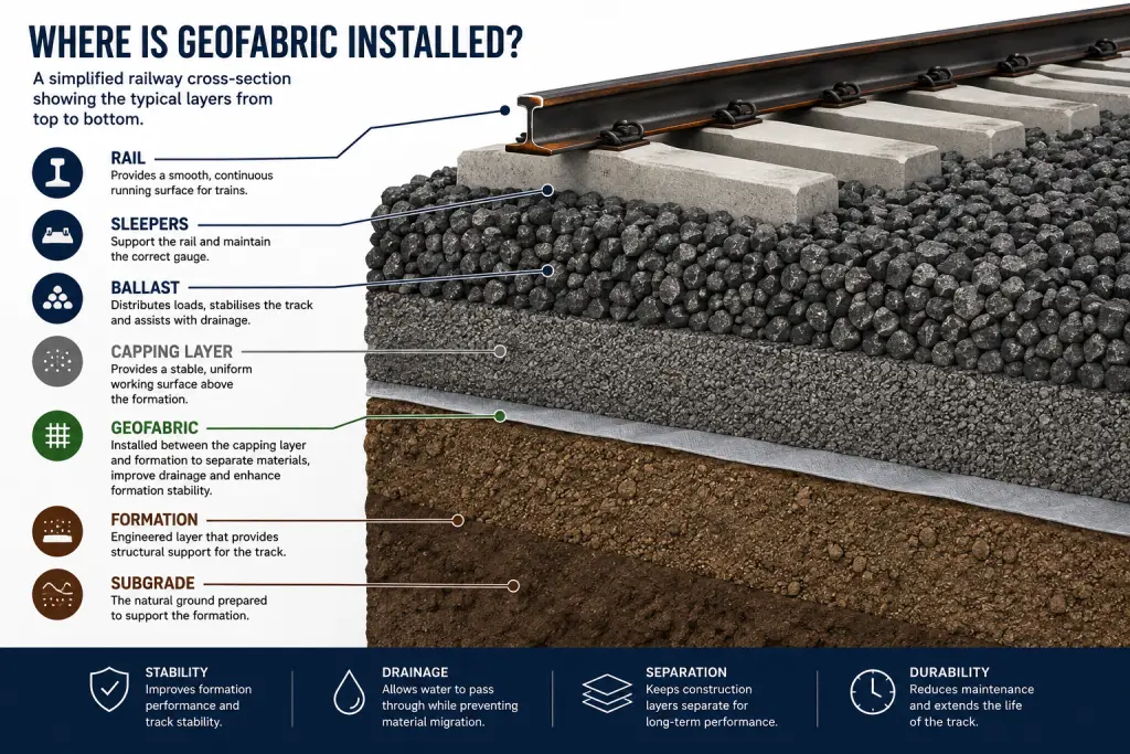 Infographic showing a railway cross-section with rail, sleepers, ballast, capping layer, geofabric, formation and subgrade, illustrating where geofabric is installed to improve formation stability and drainage