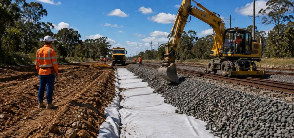 Installation of geofabric during railway formation rehabilitation works