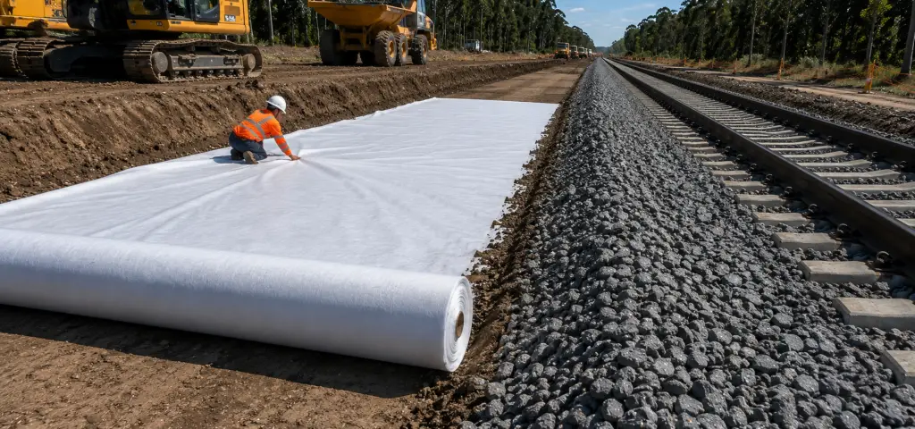 Installing geofabric beneath a railway formation during track renewal to improve formation stability and drainage
