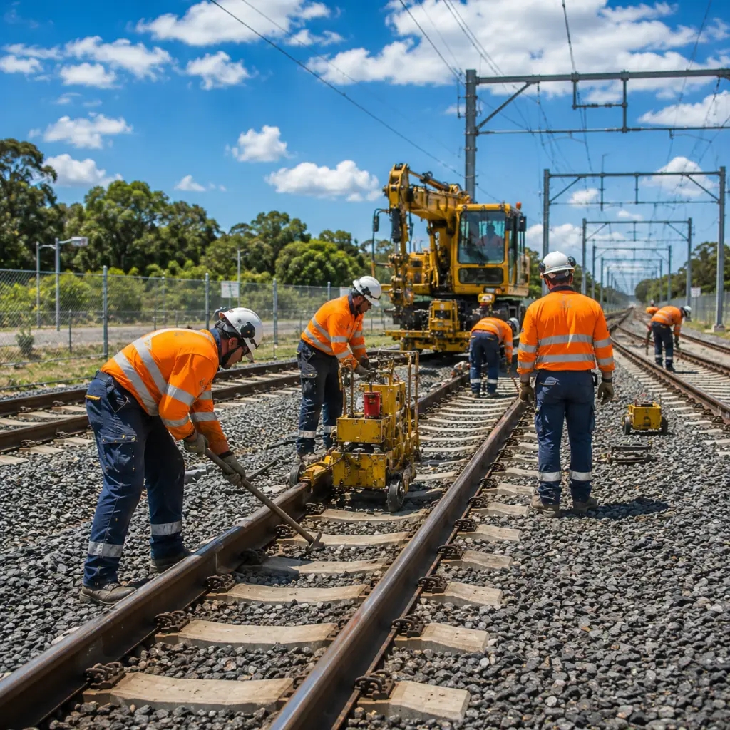 Rail workers completing track maintenance during a rail possession in Queensland