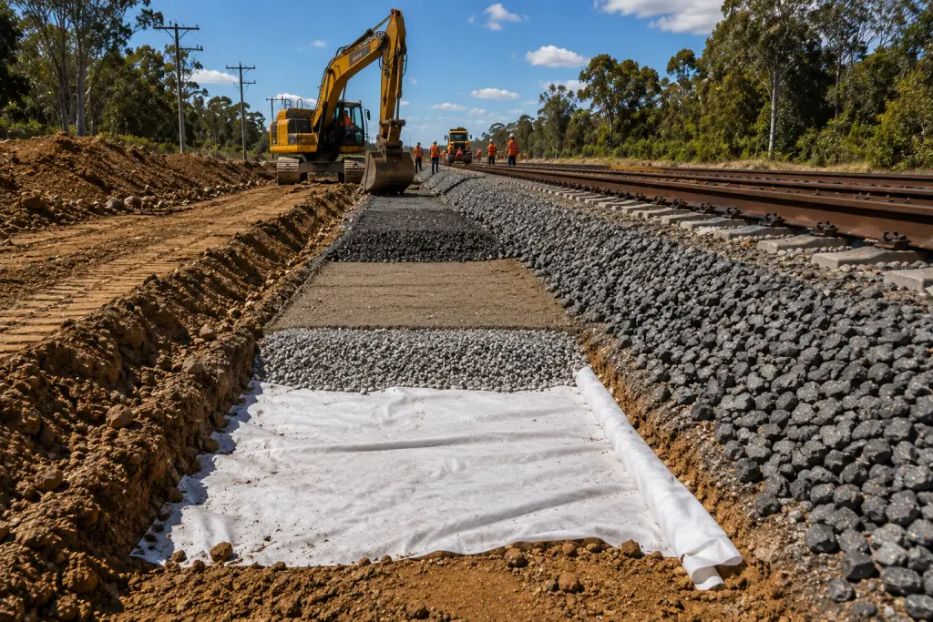 Railway track foundation rehabilitation works exposing the formation beneath the rail to improve stability, drainage and long-term infrastructure performance