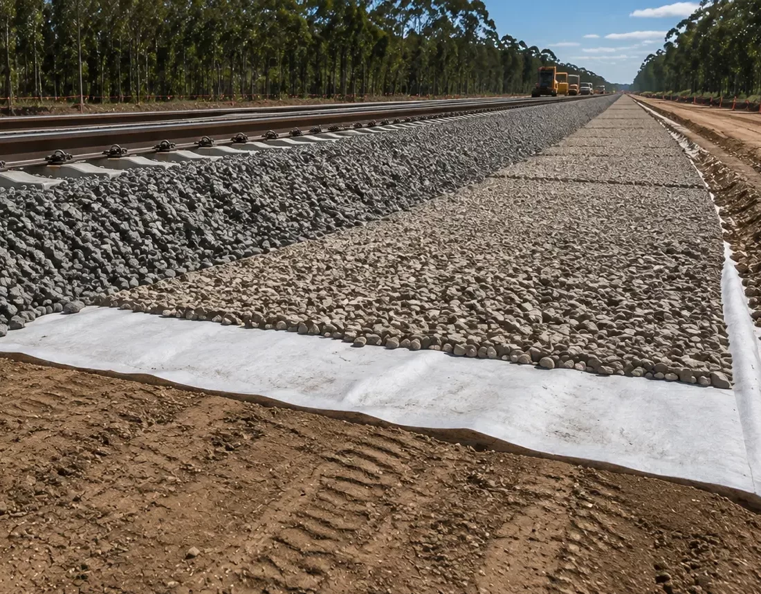 Stable railway foundation with geofabric, capping layer and ballast prepared for track installation