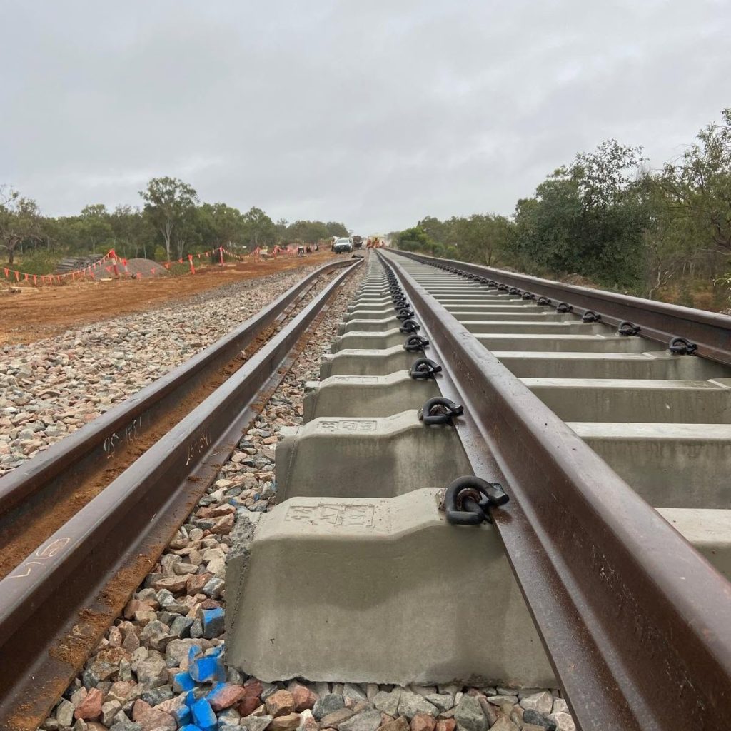 Railway sleepers positioned during an Australian track renewal project