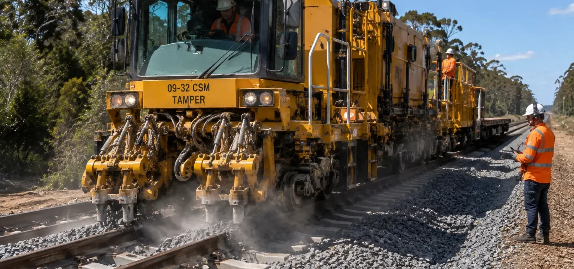 Ballast tamping using specialist rail machinery following railway track renewal works