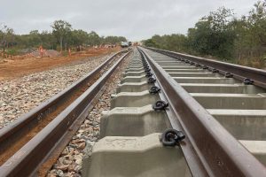 Railway sleepers positioned during an Australian track renewal project