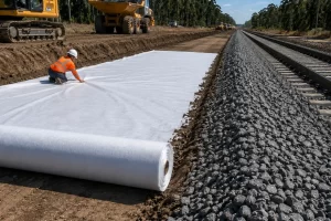 Installing geofabric beneath a railway formation during track renewal to improve formation stability and drainage