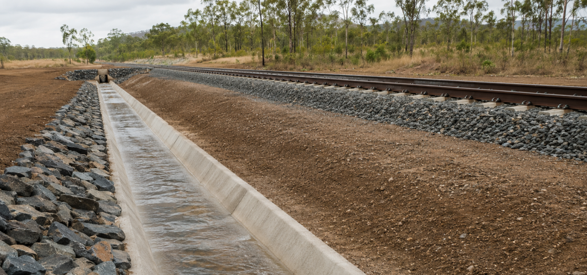 Constructed drainage channel carrying stormwater beside a rail corridor